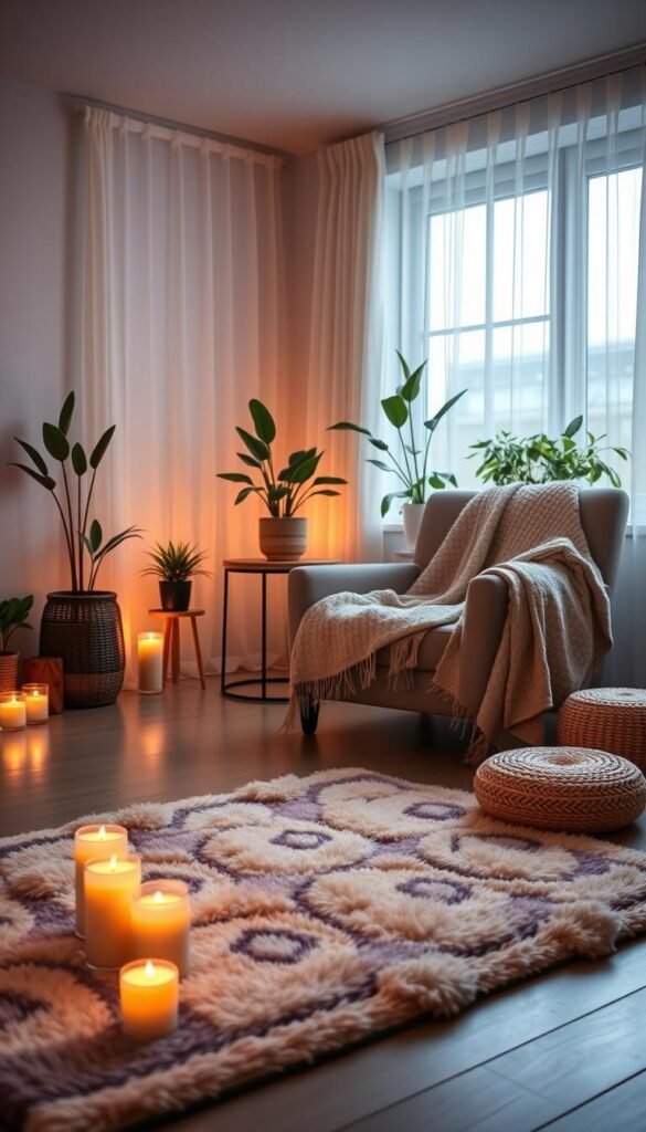 A serene, cozy room designed for gentle breathwork, featuring soft, ambient lighting that casts a warm glow across the space. In the foreground, a plush, inviting meditation mat adorned with calming colors, surrounded by delicate candles flickering gently. The middle layer includes a comfortable armchair draped with a soft, woolen blanket, positioned beside a small side table with a steaming cup of herbal tea. The backdrop reveals a large window with sheer curtains, allowing soft sunlight to filter through, illuminating potted indoor plants that enhance the tranquil atmosphere. The room’s decor is minimalistic yet comforting, evoking feelings of safety and peace, ideal for settling into a quiet, mindful practice. The overall mood is soothing and inviting, promoting emotional calm and inner tranquility. A serene, cozy room designed for gentle breathwork, featuring soft, ambient lighting that casts a warm glow across the space. In the foreground, a plush, inviting meditation mat adorned with calming colors, surrounded by delicate candles flickering gently. The middle layer includes a comfortable armchair draped with a soft, woolen blanket, positioned beside a small side table with a steaming cup of herbal tea. The backdrop reveals a large window with sheer curtains, allowing soft sunlight to filter through, illuminating potted indoor plants that enhance the tranquil atmosphere. The room’s decor is minimalistic yet comforting, evoking feelings of safety and peace, ideal for settling into a quiet, mindful practice. The overall mood is soothing and inviting, promoting emotional calm and inner tranquility.