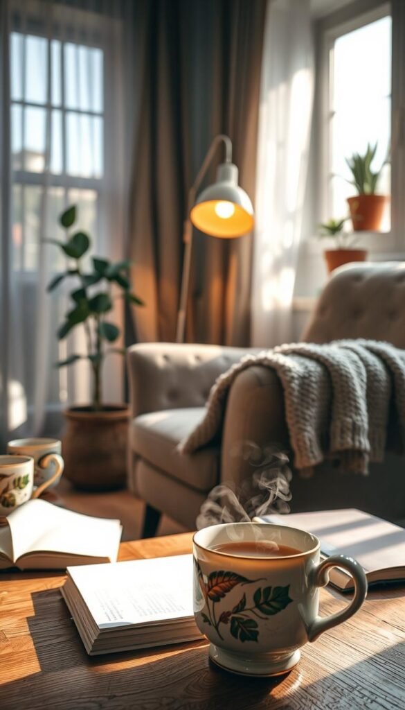 A serene, cozy space bathed in soft, warm light. In the foreground, a steaming cup of herbal tea rests on a wooden table, surrounded by a few delicate, hand-painted ceramic mugs and a small, open book. The middle ground features a plush, textured armchair with a knitted throw casually draped over one side, inviting relaxation. Nearby, a floor lamp emits a gentle glow, casting a soothing ambiance. In the background, a window shows wispy curtains fluttering softly in a slight breeze, letting in a hint of morning sunshine that reflects off a houseplant in a terracotta pot. The overall mood is tranquil and inviting, perfect for enjoying a moment of peaceful solitude. The scene evokes a sense of slow living, harmony, and mindfulness. A serene, cozy space bathed in soft, warm light. In the foreground, a steaming cup of herbal tea rests on a wooden table, surrounded by a few delicate, hand-painted ceramic mugs and a small, open book. The middle ground features a plush, textured armchair with a knitted throw casually draped over one side, inviting relaxation. Nearby, a floor lamp emits a gentle glow, casting a soothing ambiance. In the background, a window shows wispy curtains fluttering softly in a slight breeze, letting in a hint of morning sunshine that reflects off a houseplant in a terracotta pot. The overall mood is tranquil and inviting, perfect for enjoying a moment of peaceful solitude. The scene evokes a sense of slow living, harmony, and mindfulness.
