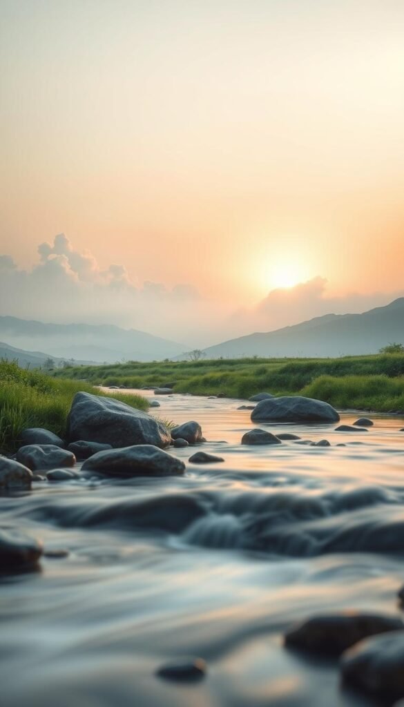 A serene depiction of the mind as a tranquil landscape, blending elements of nature and abstract thought. In the foreground, a gently flowing river symbolizes the calming flow of thoughts, bordered by smooth stones representing what to keep close. The middle features soft, ethereal clouds shaped like various ideas and memories gently transitioning into the background, which showcases a peaceful sunrise, casting warm, golden light across a vast horizon. The atmosphere is soothing and introspective, evoking a sense of clarity and mindfulness. Use a soft focus lens to enhance the dreamlike quality, with a slightly elevated angle to capture the expansive serenity of this imagined mindscape. Natural colors—soft greens, blues, and warm yellows—dominate the scene, fostering a calm and uplifting mood. A serene depiction of the mind as a tranquil landscape, blending elements of nature and abstract thought. In the foreground, a gently flowing river symbolizes the calming flow of thoughts, bordered by smooth stones representing what to keep close. The middle features soft, ethereal clouds shaped like various ideas and memories gently transitioning into the background, which showcases a peaceful sunrise, casting warm, golden light across a vast horizon. The atmosphere is soothing and introspective, evoking a sense of clarity and mindfulness. Use a soft focus lens to enhance the dreamlike quality, with a slightly elevated angle to capture the expansive serenity of this imagined mindscape. Natural colors—soft greens, blues, and warm yellows—dominate the scene, fostering a calm and uplifting mood.