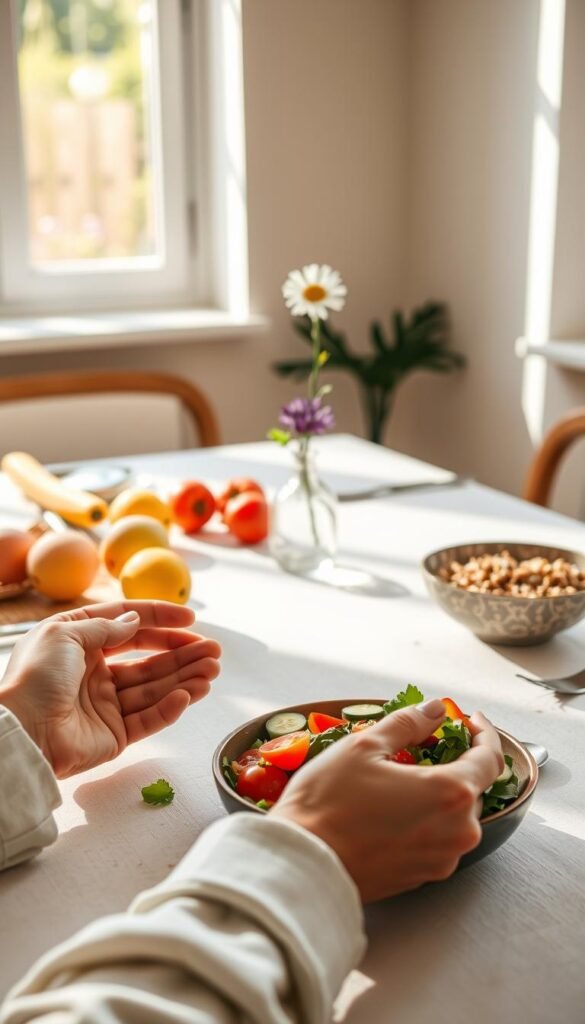 A serene dining table set for mindful eating, featuring fresh, vibrant fruits, wholesome grains, and colorful vegetables. In the foreground, a pair of hands gently holding a bowl of mixed salad, showcasing details like cucumbers, tomatoes, and leafy greens. The middle ground reveals a well-lit table adorned with a small vase containing a single flower, emphasizing simplicity and tranquility. The background includes soft, natural light filtering through a window, casting gentle shadows that create a warm and inviting atmosphere. The scene encapsulates mindfulness, inviting viewers to focus on the beauty of nourishment. The mood reflects calmness and ease, capturing the essence of mindful eating in a peaceful home setting.