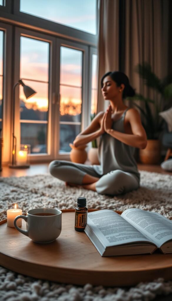 A serene evening scene capturing soft wellness practices, featuring a cozy living room setup. In the foreground, a woman in modest casual clothing sits cross-legged on a plush rug, engaged in gentle yoga stretches. A flickering candle and a steaming cup of herbal tea are placed nearby. In the middle ground, a low table displays essential oils, soothing crystals, and a few open books on mindfulness. The background features soft ambient lighting from a floor lamp, casting warm hues throughout the room. Large windows showcase a twilight sky transitioning from orange to deep blue. The atmosphere feels calm and tranquil, inviting relaxation and unwinding. The composition focuses on cozy textures and peaceful elements, evoking a sense of quiet reflection and evening flow. A serene evening scene capturing soft wellness practices, featuring a cozy living room setup. In the foreground, a woman in modest casual clothing sits cross-legged on a plush rug, engaged in gentle yoga stretches. A flickering candle and a steaming cup of herbal tea are placed nearby. In the middle ground, a low table displays essential oils, soothing crystals, and a few open books on mindfulness. The background features soft ambient lighting from a floor lamp, casting warm hues throughout the room. Large windows showcase a twilight sky transitioning from orange to deep blue. The atmosphere feels calm and tranquil, inviting relaxation and unwinding. The composition focuses on cozy textures and peaceful elements, evoking a sense of quiet reflection and evening flow.