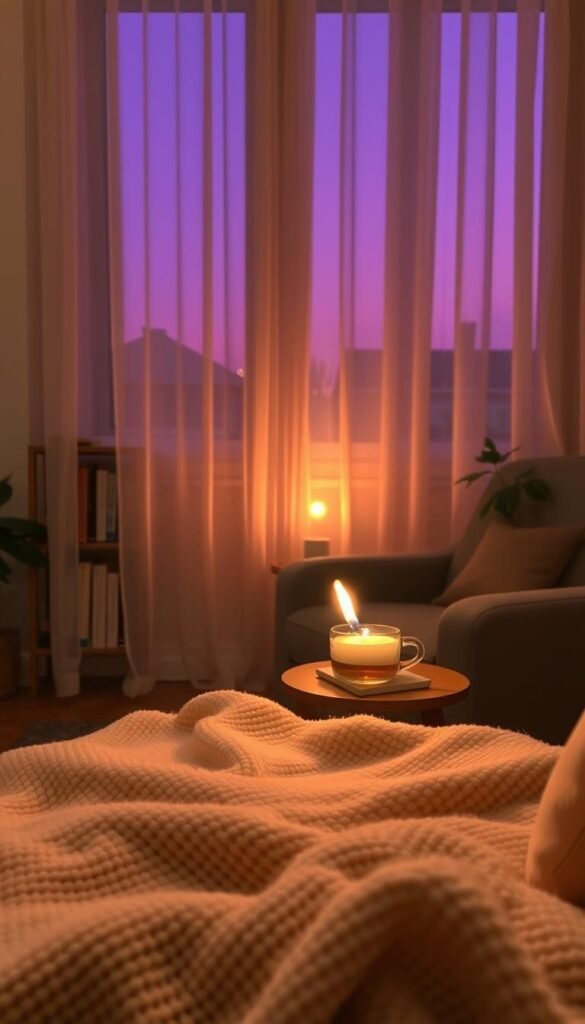 A serene evening scene depicting a cozy indoor space designed for mindfulness and relaxation. In the foreground, a soft, textured blanket is draped over a plush armchair, beside a small wooden side table holding a steaming cup of herbal tea and a lit candle. In the middle, a low, ambient light filters through sheer curtains, casting warm, golden hues across the room. A bookshelf filled with neatly arranged books and a small plant adds a touch of life. The background features gentle shadows deepening as the sun sets outside, with a hint of dusky purple sky visible through the window. Capture a tranquil mood, emphasizing relaxation and self-care, with a focus on simplicity and comfort, conveying the essence of a mindful evening routine. A serene evening scene depicting a cozy indoor space designed for mindfulness and relaxation. In the foreground, a soft, textured blanket is draped over a plush armchair, beside a small wooden side table holding a steaming cup of herbal tea and a lit candle. In the middle, a low, ambient light filters through sheer curtains, casting warm, golden hues across the room. A bookshelf filled with neatly arranged books and a small plant adds a touch of life. The background features gentle shadows deepening as the sun sets outside, with a hint of dusky purple sky visible through the window. Capture a tranquil mood, emphasizing relaxation and self-care, with a focus on simplicity and comfort, conveying the essence of a mindful evening routine.