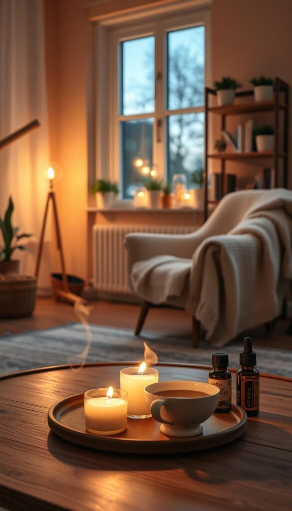 A serene evening scene featuring a tranquil indoor setting for soft wellness practices. In the foreground, a low coffee table is gracefully adorned with a flickering candle, a steaming cup of herbal tea, and a small bowl of essential oils. Gentle shadows cast by warm, ambient light enhance the inviting atmosphere. In the middle ground, a comfortable armchair is positioned near a window, draped with a soft blanket, facing a quaint shelf filled with wellness books and plants, softly illuminated. The background depicts a softly lit room with warm-toned walls and a hint of dusk visible through the window, creating a peaceful and reflective mood. The overall composition radiates calmness and warmth, encouraging relaxation and mindfulness. A serene evening scene featuring a tranquil indoor setting for soft wellness practices. In the foreground, a low coffee table is gracefully adorned with a flickering candle, a steaming cup of herbal tea, and a small bowl of essential oils. Gentle shadows cast by warm, ambient light enhance the inviting atmosphere. In the middle ground, a comfortable armchair is positioned near a window, draped with a soft blanket, facing a quaint shelf filled with wellness books and plants, softly illuminated. The background depicts a softly lit room with warm-toned walls and a hint of dusk visible through the window, creating a peaceful and reflective mood. The overall composition radiates calmness and warmth, encouraging relaxation and mindfulness.