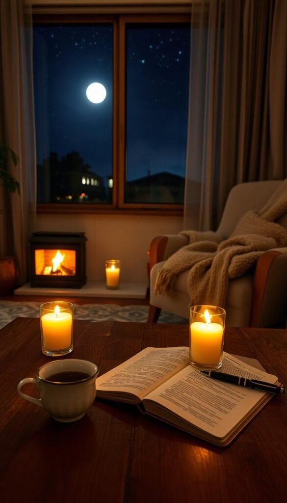 A serene evening scene inviting a sense of release and tranquility. In the foreground, a wooden table is set with a softly glowing candle, surrounded by delicate herbal teas and an open journal, with a pen poised beside it. In the middle ground, a plush armchair draped with a cozy blanket sits beside a gently flickering fireplace, casting warm light across the space. The background features a large window with sheer curtains, revealing a starry night sky illuminated by a full moon, creating a calming ambiance. The overall mood is peaceful and reflective, emphasizing relaxation and self-care. Soft lighting enhances the serene atmosphere, inviting the viewer to imagine a quiet, mindful evening of release. A serene evening scene inviting a sense of release and tranquility. In the foreground, a wooden table is set with a softly glowing candle, surrounded by delicate herbal teas and an open journal, with a pen poised beside it. In the middle ground, a plush armchair draped with a cozy blanket sits beside a gently flickering fireplace, casting warm light across the space. The background features a large window with sheer curtains, revealing a starry night sky illuminated by a full moon, creating a calming ambiance. The overall mood is peaceful and reflective, emphasizing relaxation and self-care. Soft lighting enhances the serene atmosphere, inviting the viewer to imagine a quiet, mindful evening of release.