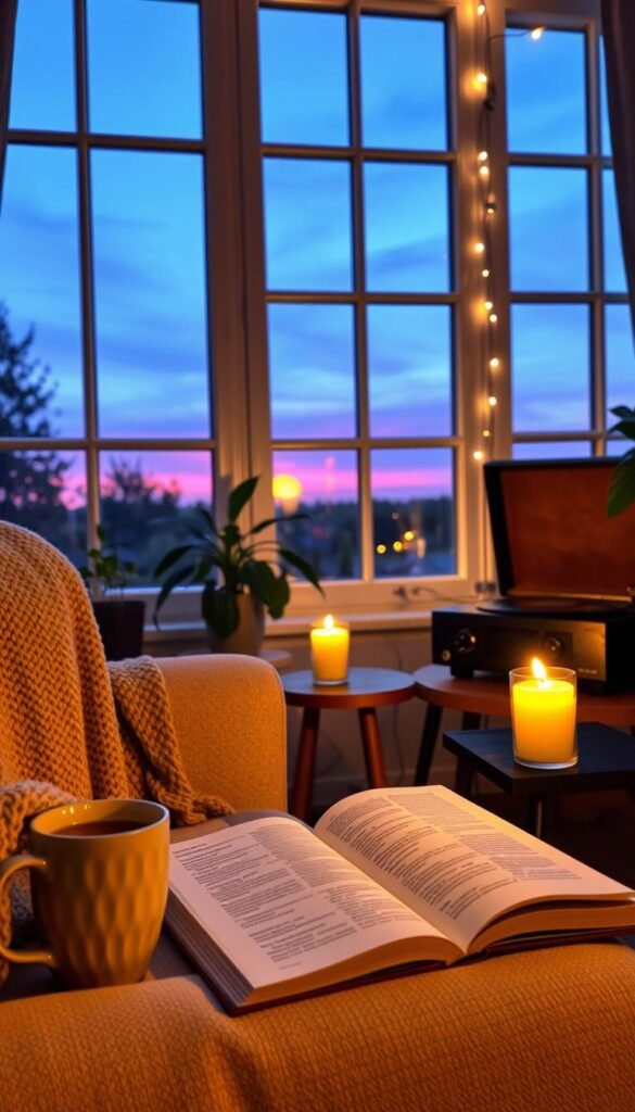 A serene evening scene set in a cozy, softly lit living room. In the foreground, a plush armchair draped with a knitted throw blanket invites relaxation, while a small side table holds a steaming cup of herbal tea and an open book with turned pages. The middle ground features a gently flickering candle, casting warm golden light, and a stylish record player softly spinning a vinyl. In the background, large windows reveal the deepening twilight outside, with hints of soft purples and blues in the sky. A houseplant adds a touch of green, and fairy lights twinkle softly along the window frame, enhancing the tranquil atmosphere. The overall mood is calming and inviting, perfect for an evening wind-down ritual.