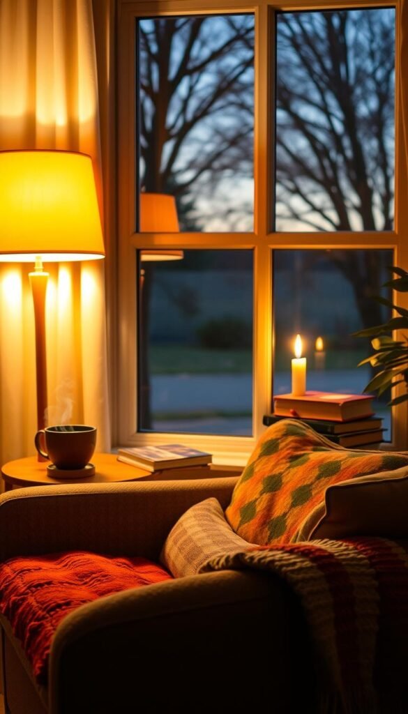 A serene evening wind-down routine unfolds in a cozy, softly lit living room. In the foreground, a cushioned armchair adorned with a colorful throw blanket invites relaxation, alongside a small, wooden side table with a steaming cup of herbal tea. In the middle ground, warm golden light from a table lamp casts a gentle glow, illuminating a stack of books and a flickering candle, creating an inviting atmosphere. In the background, a window reveals a twilight view of a calm garden, with soft shadows of trees against a dusky sky. The overall mood is tranquil and comforting, designed to convey a sense of closure and peace, perfect for guiding principles of a calm night. A wide-angle lens captures the cozy space, emphasizing warmth and serenity without any distracting elements. A serene evening wind-down routine unfolds in a cozy, softly lit living room. In the foreground, a cushioned armchair adorned with a colorful throw blanket invites relaxation, alongside a small, wooden side table with a steaming cup of herbal tea. In the middle ground, warm golden light from a table lamp casts a gentle glow, illuminating a stack of books and a flickering candle, creating an inviting atmosphere. In the background, a window reveals a twilight view of a calm garden, with soft shadows of trees against a dusky sky. The overall mood is tranquil and comforting, designed to convey a sense of closure and peace, perfect for guiding principles of a calm night. A wide-angle lens captures the cozy space, emphasizing warmth and serenity without any distracting elements.