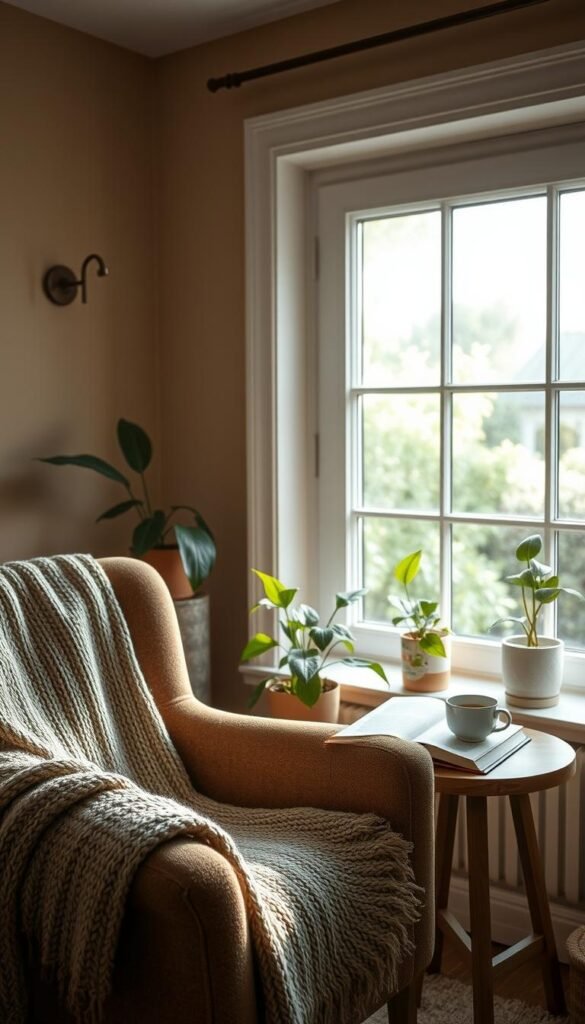 A serene home environment characterized by a cozy reading nook bathed in soft, natural light. In the foreground, a plush armchair with a knitted throw is positioned beside a small wooden side table holding a steaming cup of herbal tea and an open book. The middle ground features houseplants with lush, green leaves, adding a touch of nature. A delicate, large window showcases a garden view, inviting gentle sunlight into the room. In the background, warm-toned walls and subtle decorative elements create a calming atmosphere. The overall mood is peaceful and inviting, embodying a tranquil space designed for reflection and relaxation. The image should capture the essence of slow living. A serene home environment characterized by a cozy reading nook bathed in soft, natural light. In the foreground, a plush armchair with a knitted throw is positioned beside a small wooden side table holding a steaming cup of herbal tea and an open book. The middle ground features houseplants with lush, green leaves, adding a touch of nature. A delicate, large window showcases a garden view, inviting gentle sunlight into the room. In the background, warm-toned walls and subtle decorative elements create a calming atmosphere. The overall mood is peaceful and inviting, embodying a tranquil space designed for reflection and relaxation. The image should capture the essence of slow living.