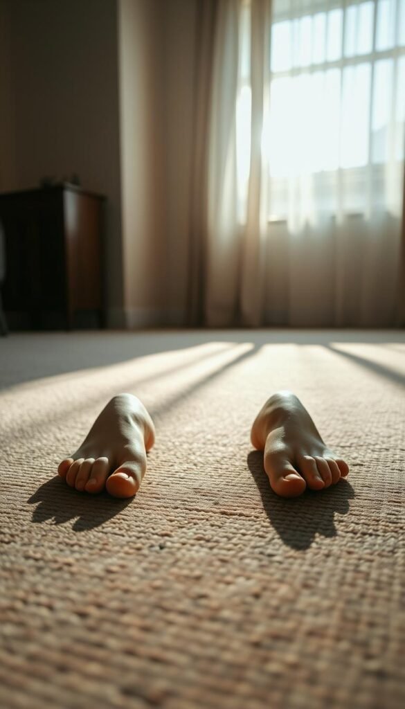 A serene indoor environment showcasing a pair of feet firmly planted on a textured floor, conveying a sense of stability and connection. The feet are adorned in simple, modest footwear, reflecting a calm, professional aura. The focus is on body-based grounding, with subtle movements captured in the toes and ankles, suggesting a gentle, mindful engagement with the floor. In the background, soft natural light streams in through a window, casting a warm glow and creating ethereal shadows that enhance the tranquil atmosphere. The camera angle is a close-up, emphasizing the relationship between the feet and the floor, echoing themes of grounding and presence. The overall mood is peaceful, meditative, and centered, inviting viewers to feel a sense of calm and focus. A serene indoor environment showcasing a pair of feet firmly planted on a textured floor, conveying a sense of stability and connection. The feet are adorned in simple, modest footwear, reflecting a calm, professional aura. The focus is on body-based grounding, with subtle movements captured in the toes and ankles, suggesting a gentle, mindful engagement with the floor. In the background, soft natural light streams in through a window, casting a warm glow and creating ethereal shadows that enhance the tranquil atmosphere. The camera angle is a close-up, emphasizing the relationship between the feet and the floor, echoing themes of grounding and presence. The overall mood is peaceful, meditative, and centered, inviting viewers to feel a sense of calm and focus.
