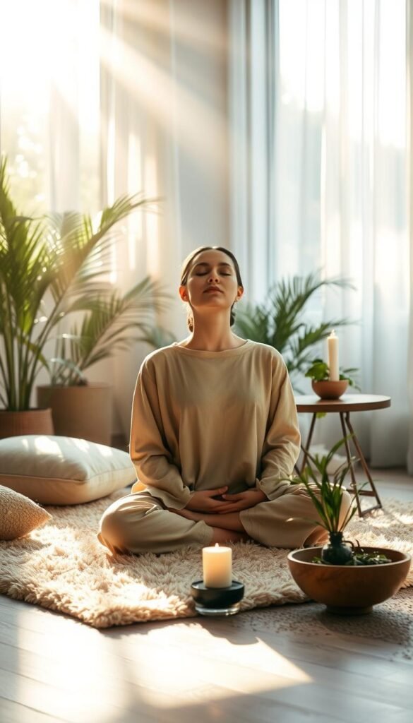 A serene indoor environment that embodies mindfulness and tranquility, featuring a peaceful scene of a person sitting comfortably on a soft, plush rug, practicing deep, gentle breathing. The individual is dressed in modest, loose-fitting clothing, eyes closed, with a calm expression, surrounded by soft cushions and plants for a touch of nature. In the foreground, light streams in through a large window, casting warm, golden rays highlighting the person. The middle ground includes a small table with a lit candle and a bowl of calming herbs. The background showcases subtle, blurred images of nature through the window, enhancing the feeling of openness and serenity. The atmosphere is peaceful, evoking a sense of emotional calm and mindfulness. The lighting is soft, creating a warm, inviting ambiance, suggesting a moment of introspection and relaxation.