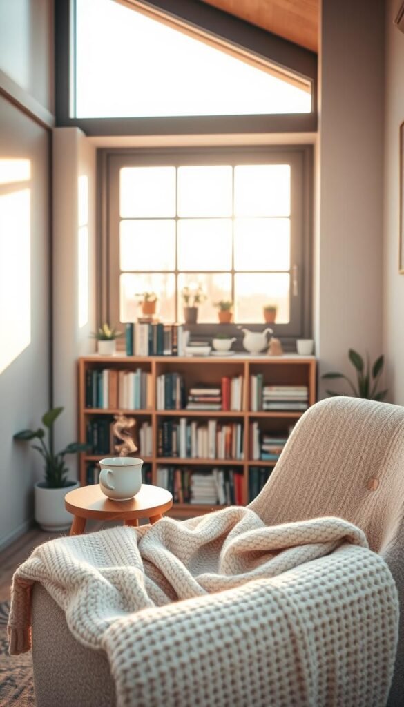 A serene indoor scene centered around a cozy reading nook that embodies the theme of "simplifying life." In the foreground, a comfortable armchair is nestled in a soft, knitted blanket, accompanied by a steaming cup of herbal tea on a small wooden side table. The middle section features a bookshelf filled with carefully curated books and small potted plants, adding a touch of greenery. In the background, a large window allows warm, golden sunlight to filter in, casting gentle shadows and highlighting the textures in the room. The atmosphere is inviting and peaceful, evoking feelings of relaxation and mindfulness, perfect for a mini-ritual. The overall color palette is soft pastels and earth tones, enhancing the cozy vibe. A serene indoor scene centered around a cozy reading nook that embodies the theme of "simplifying life." In the foreground, a comfortable armchair is nestled in a soft, knitted blanket, accompanied by a steaming cup of herbal tea on a small wooden side table. The middle section features a bookshelf filled with carefully curated books and small potted plants, adding a touch of greenery. In the background, a large window allows warm, golden sunlight to filter in, casting gentle shadows and highlighting the textures in the room. The atmosphere is inviting and peaceful, evoking feelings of relaxation and mindfulness, perfect for a mini-ritual. The overall color palette is soft pastels and earth tones, enhancing the cozy vibe.