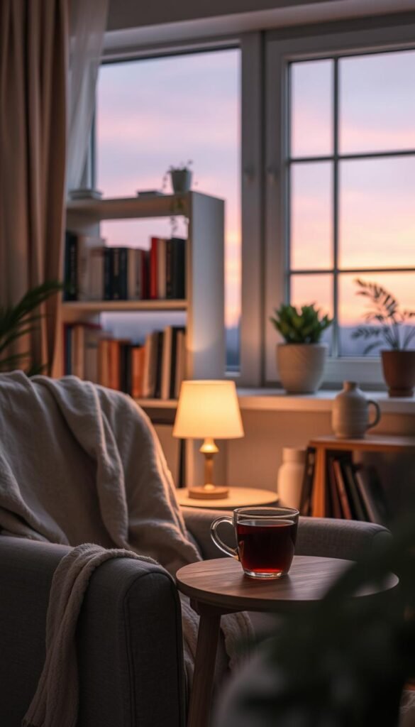 A serene indoor scene depicting a calming evening routine for January. In the foreground, a cozy armchair draped with a soft blanket and a warm cup of herbal tea resting on a small wooden side table. In the middle, a softly glowing table lamp casts a warm light that enhances the tranquil atmosphere, while a neatly arranged bookshelf filled with books and a few decorative plants can be seen. In the background, a window reveals a twilight sky painted in pastel hues of lavender and peach, hinting at a peaceful winter evening. The entire image should evoke feelings of relaxation and a gentle welcome to a quieter time, with soft natural lighting and a slightly blurred focal point to suggest a dreamy quality. A serene indoor scene depicting a calming evening routine for January. In the foreground, a cozy armchair draped with a soft blanket and a warm cup of herbal tea resting on a small wooden side table. In the middle, a softly glowing table lamp casts a warm light that enhances the tranquil atmosphere, while a neatly arranged bookshelf filled with books and a few decorative plants can be seen. In the background, a window reveals a twilight sky painted in pastel hues of lavender and peach, hinting at a peaceful winter evening. The entire image should evoke feelings of relaxation and a gentle welcome to a quieter time, with soft natural lighting and a slightly blurred focal point to suggest a dreamy quality.