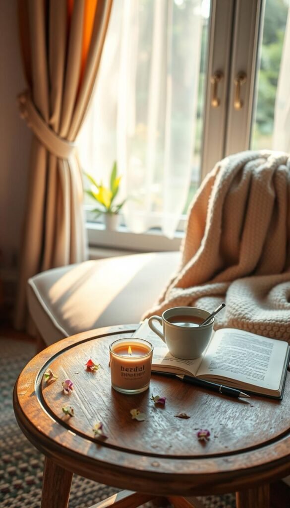 A serene indoor scene depicting a cozy corner bathed in soft, warm afternoon light. In the foreground, a small wooden table features a lit candle, a steaming cup of herbal tea, and an open journal with a pen, inviting reflection. Delicate flower petals surround the items, symbolizing tranquility and mindfulness. In the middle, a plush armchair with a knitted blanket drapes over the side, inviting one to sit and unwind. The background includes a window with sheer curtains gently fluttering, revealing a peaceful garden filled with greenery, inspiring a sense of calm. The atmosphere is soothing and contemplative, evoking gentle habits and the beauty of optional mini-rituals. The image should have a soft focus, enhancing the peaceful ambiance. A serene indoor scene depicting a cozy corner bathed in soft, warm afternoon light. In the foreground, a small wooden table features a lit candle, a steaming cup of herbal tea, and an open journal with a pen, inviting reflection. Delicate flower petals surround the items, symbolizing tranquility and mindfulness. In the middle, a plush armchair with a knitted blanket drapes over the side, inviting one to sit and unwind. The background includes a window with sheer curtains gently fluttering, revealing a peaceful garden filled with greenery, inspiring a sense of calm. The atmosphere is soothing and contemplative, evoking gentle habits and the beauty of optional mini-rituals. The image should have a soft focus, enhancing the peaceful ambiance.