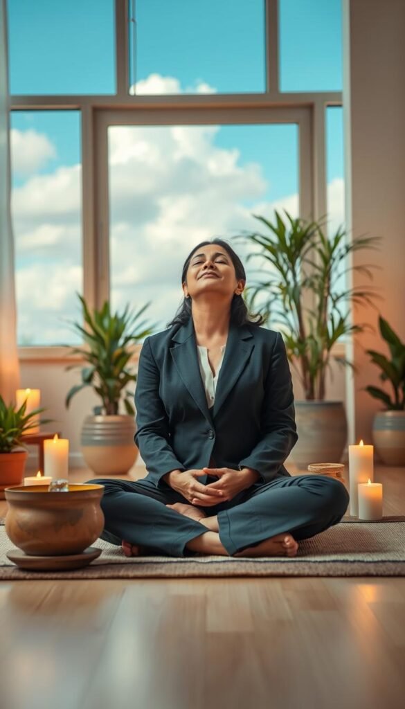 A serene indoor scene depicting a person in professional business attire, sitting cross-legged on a soft mat in a softly lit room. The individual, a middle-aged South Asian woman, closes her eyes, embodying tranquility. Surround her with gentle elements of nature—a small indoor water fountain, lush potted plants, and flickering candles that cast warm, inviting light. In the background, a large window reveals a calming view of a clear blue sky with fluffy clouds. The atmosphere is peaceful and restorative, with warm, soft lighting creating subtle shadows that enhance the calming mood. The overall composition evokes a sense of release and ease, contrasting with the concept of stress, inviting viewers to envision a pathway to emotional calm.