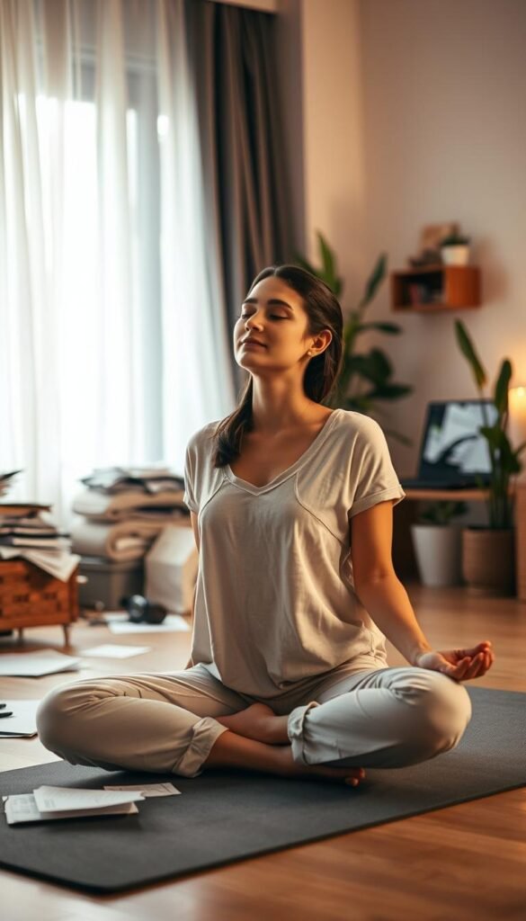 A serene, indoor scene depicting stress being released through mindfulness and relaxation. In the foreground, a woman in modest casual clothing sits cross-legged on a yoga mat, eyes closed, exuding calmness as soft light filters through sheer curtains. In the middle ground, various elements of a cluttered workspace, like scattered papers and a laptop, are subtly visible, symbolizing busyness yet contrasting with the tranquil figure. The background features potted plants and a cozy, warm glow from a candle, enhancing the atmosphere of peace and introspection. The overall mood is peaceful and reflective, conveying the journey away from stress towards a more balanced life. The lighting is soft and warm, reminiscent of early morning or late afternoon. A serene, indoor scene depicting stress being released through mindfulness and relaxation. In the foreground, a woman in modest casual clothing sits cross-legged on a yoga mat, eyes closed, exuding calmness as soft light filters through sheer curtains. In the middle ground, various elements of a cluttered workspace, like scattered papers and a laptop, are subtly visible, symbolizing busyness yet contrasting with the tranquil figure. The background features potted plants and a cozy, warm glow from a candle, enhancing the atmosphere of peace and introspection. The overall mood is peaceful and reflective, conveying the journey away from stress towards a more balanced life. The lighting is soft and warm, reminiscent of early morning or late afternoon.