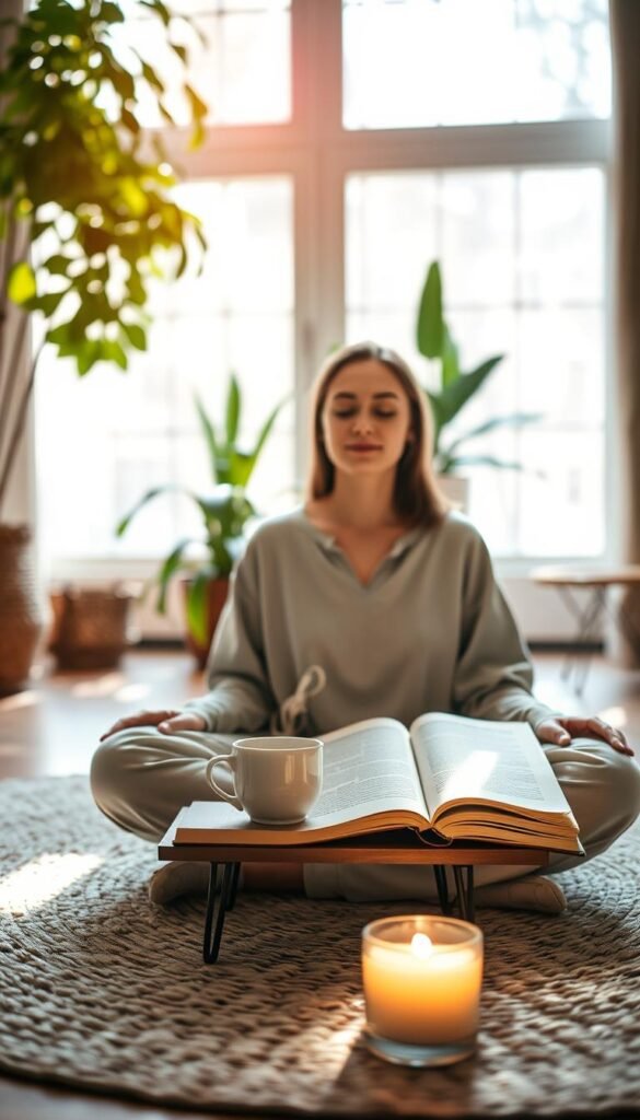 A serene indoor scene focusing on a cozy, sunlit corner of a room. In the foreground, a calm individual sits cross-legged on a soft, natural fiber rug, dressed in comfortable, modest clothing. They have a peaceful expression, with closed eyes and a gentle smile, embodying emotional tranquility. In the middle, a small table holds a steaming cup of herbal tea, a book on mindfulness, and a lit candle, creating a warm and inviting atmosphere. The background is softly blurred, featuring plants and large windows allowing natural light to flood in, casting dappled shadows. The overall mood is one of serene introspection, promoting feelings of emotional calm and heart-centered self-care. The lighting is warm and inviting, enhancing the sense of peace in the space.
