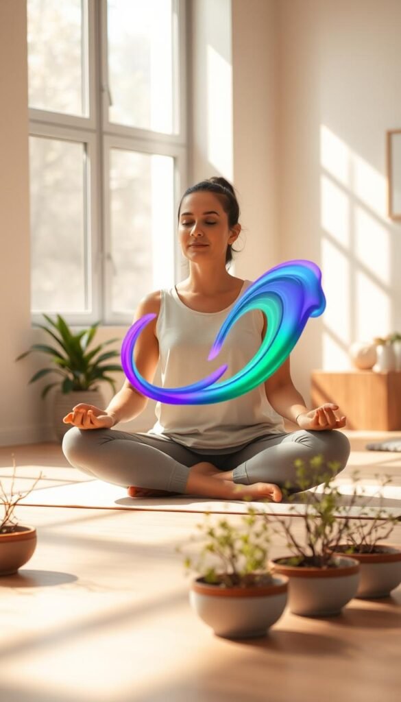 A serene indoor scene showcasing a person sitting cross-legged on a light-colored yoga mat, practicing breathwork. The individual, dressed in comfortable, modest activewear, displays a gentle expression of calm and focus. Soft, diffused natural light filters in through a large window, casting warm, soothing shadows across the room. In the foreground, delicate greenery in shallow pots adds a touch of life and vitality. In the middle ground, a subtle representation of swirling colors—blues, purples, and greens—symbolizes the ebb and flow of emotions, gently floating around the practitioner. In the background, calming pastel walls and a few simple decorative elements create a peaceful atmosphere. Overall, the mood is tranquil, inviting a sense of emotional balance and relaxation. A serene indoor scene showcasing a person sitting cross-legged on a light-colored yoga mat, practicing breathwork. The individual, dressed in comfortable, modest activewear, displays a gentle expression of calm and focus. Soft, diffused natural light filters in through a large window, casting warm, soothing shadows across the room. In the foreground, delicate greenery in shallow pots adds a touch of life and vitality. In the middle ground, a subtle representation of swirling colors—blues, purples, and greens—symbolizes the ebb and flow of emotions, gently floating around the practitioner. In the background, calming pastel walls and a few simple decorative elements create a peaceful atmosphere. Overall, the mood is tranquil, inviting a sense of emotional balance and relaxation.