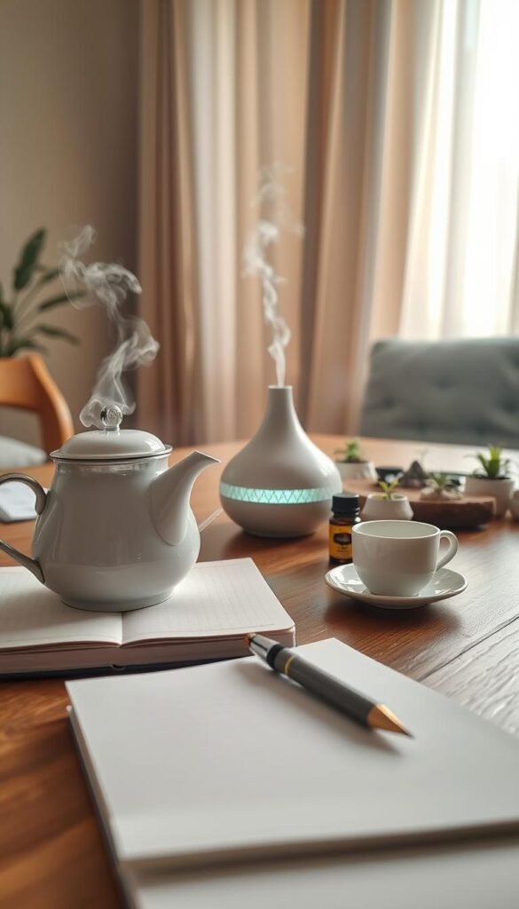 A serene indoor scene showcasing a variety of mini-rituals set on a wooden table. In the foreground, a meticulously arranged tea set, complete with a steaming teapot and delicate cups, alongside a crisp notebook and a fountain pen ready for journaling. In the middle ground, a calming essential oil diffuser emits gentle wisps of aromatherapy mist, surrounded by small plants and crystals that promote tranquility. The background features soft, diffused sunlight filtering through sheer curtains, casting a warm glow over the entire space. The atmosphere is peaceful and inviting, designed to evoke a sense of calmness and reflection, ideal for any time of day. Focus on a close-up angle that captures the textures and details of the ritual items. A serene indoor scene showcasing a variety of mini-rituals set on a wooden table. In the foreground, a meticulously arranged tea set, complete with a steaming teapot and delicate cups, alongside a crisp notebook and a fountain pen ready for journaling. In the middle ground, a calming essential oil diffuser emits gentle wisps of aromatherapy mist, surrounded by small plants and crystals that promote tranquility. The background features soft, diffused sunlight filtering through sheer curtains, casting a warm glow over the entire space. The atmosphere is peaceful and inviting, designed to evoke a sense of calmness and reflection, ideal for any time of day. Focus on a close-up angle that captures the textures and details of the ritual items.