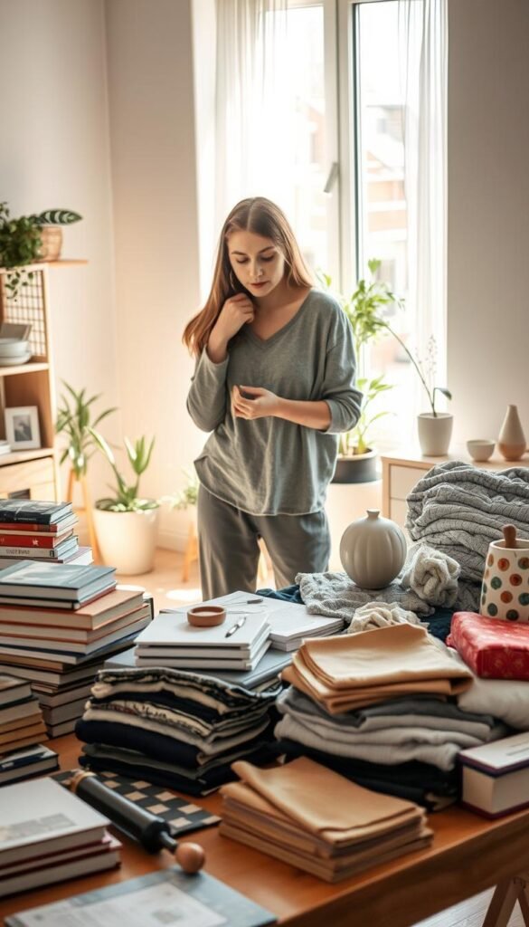 A serene indoor scene showcasing the process of decluttering for a giveaway. In the foreground, a well-organized table is adorned with various gently used items such as books, clothes, and decorative objects, all displayed neatly in curated piles. In the middle ground, a person dressed in modest casual clothing thoughtfully examines a stack of clothes, their expression reflecting gentle contemplation. Sunlight filters through a window, casting warm, soft light that enhances the inviting atmosphere. The background features a minimalist room design with neutral colors, plants, and shelves, emphasizing a calm and organized environment. The overall mood is one of tranquility and reflection, embodying the spirit of spring cleaning and the joy of letting go.
