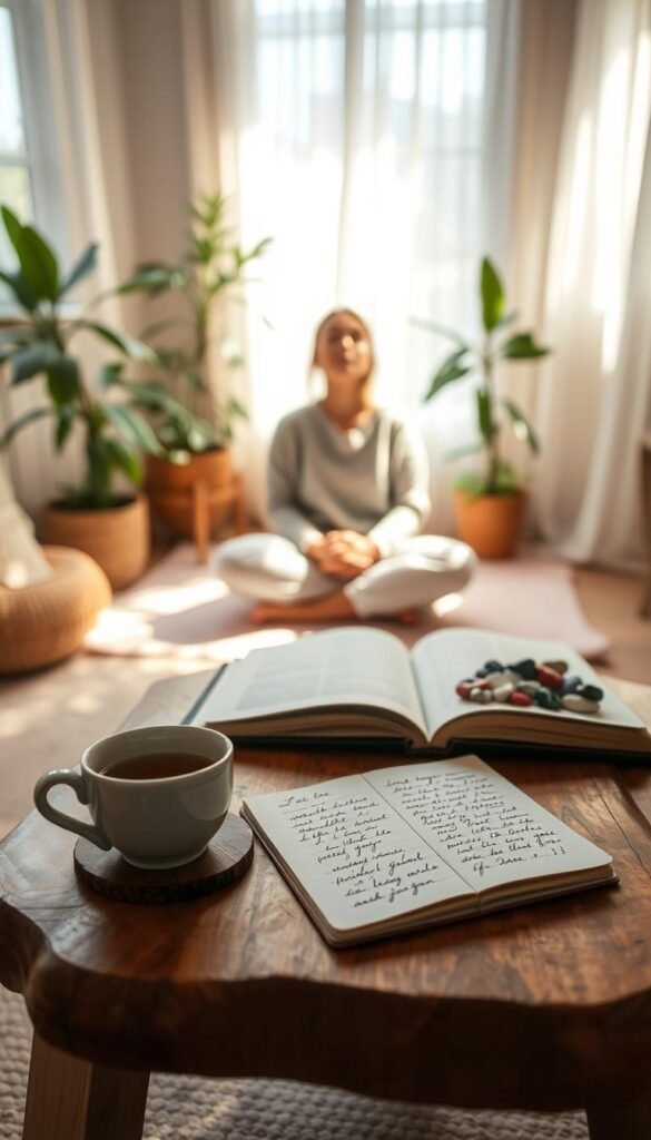 A serene indoor setting bathed in soft, warm lighting, featuring a cozy nook that embodies a sense of emotional warmth and tenderness. In the foreground, a handcrafted wooden table is adorned with small, meaningful objects: a delicate ceramic cup with steaming herbal tea, an open journal with handwritten notes, and an eclectic arrangement of colorful stones symbolizing grounding and love. In the middle ground, a person in modest casual clothing sits cross-legged, eyes closed, radiating calm and reflection, surrounded by gentle light. The background reveals a softly blurred view of indoor plants and sunlight filtering through sheer curtains, creating a tranquil atmosphere. The overall mood is peaceful and inviting, illustrating the concept of mini-rituals that cultivate everyday tenderness.