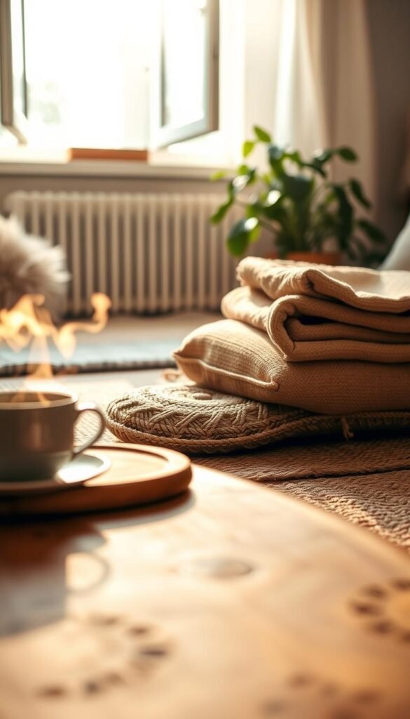 A serene indoor setting bathed in warm, soft light, suggesting early morning calm. In the foreground, a comfortable, inviting space features a low wooden table adorned with a steaming cup of herbal tea, a small, intricately woven meditation cushion, and a stack of natural fiber blankets. The middle ground showcases a textured jute rug, with an open window allowing gentle sunlight to stream in, creating a soft glow. In the background, a houseplant flourishes, adding a touch of greenery. The scene evokes a tranquil atmosphere, encouraging a sense of presence and mindfulness. Capture this composition with a shallow depth of field to emphasize the cozy details, with a focus on warm tones and soft textures, inviting the viewer to slow down and reflect.