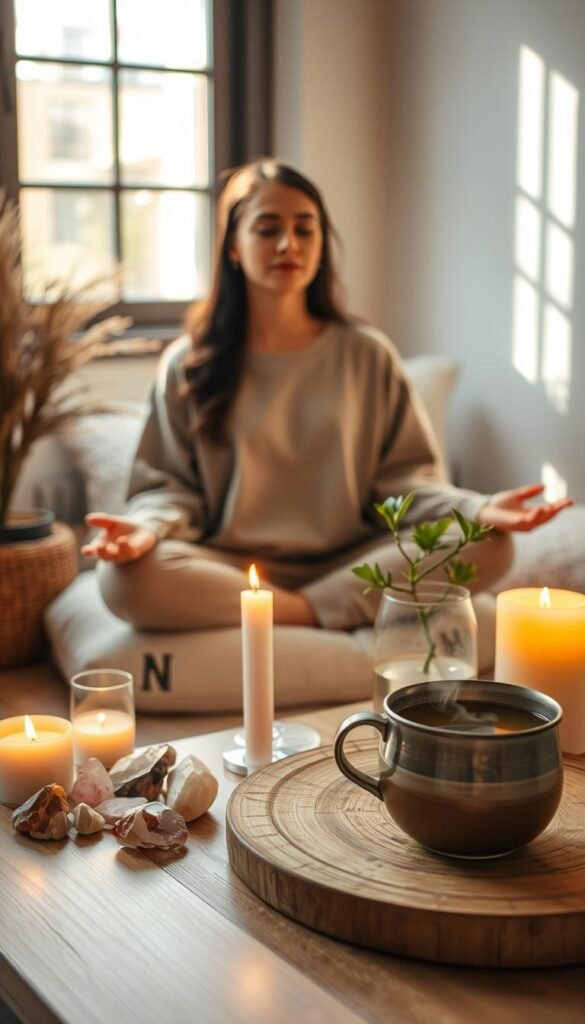 A serene indoor setting dedicated to a "soft reset ritual." In the foreground, a person dressed in comfortable, modest casual clothing sits peacefully on a plush cushion, surrounded by candles flickering gently. They are engaged in meditation, with a soft expression of tranquility on their face. In the middle ground, an assortment of calming elements like crystals, a small indoor plant, and a steaming cup of herbal tea rests on a simple wooden table. The background shows a window with soft natural light streaming in, illuminating the warm tones of the room, creating a cozy and inviting atmosphere. The overall mood is calm and reflective, encouraging a sense of rejuvenation and mindfulness.