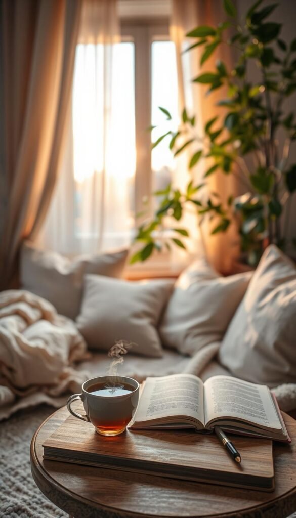 A serene indoor setting depicting a cozy nook filled with soft cushions and a gentle throw blanket. In the foreground, a steaming cup of herbal tea sits on a small wooden table, accompanied by an open journal and a pen, inviting reflection. The middle ground features a softly lit window with sheer curtains, allowing warm, golden sunlight to filter in and create a tranquil atmosphere. In the background, houseplants with lush green leaves add a touch of nature, emphasizing calmness. The overall mood is peaceful and nurturing, ideal for self-care. Use soft focus to enhance the dreamlike quality, capturing the essence of a quiet moment for relaxation and introspection. A serene indoor setting depicting a cozy nook filled with soft cushions and a gentle throw blanket. In the foreground, a steaming cup of herbal tea sits on a small wooden table, accompanied by an open journal and a pen, inviting reflection. The middle ground features a softly lit window with sheer curtains, allowing warm, golden sunlight to filter in and create a tranquil atmosphere. In the background, houseplants with lush green leaves add a touch of nature, emphasizing calmness. The overall mood is peaceful and nurturing, ideal for self-care. Use soft focus to enhance the dreamlike quality, capturing the essence of a quiet moment for relaxation and introspection.