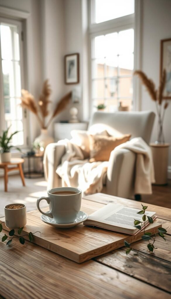 A serene indoor setting depicting the concept of emotional reset. In the foreground, a calming scene with a wooden table adorned with a steaming cup of herbal tea, a soft journal, and a delicate plant. The middle features a cozy armchair surrounded by soft blankets, inviting relaxation. Natural light filters through large windows, casting gentle shadows that enhance the tranquil atmosphere. In the background, subtle decorations like soothing artwork and soft, muted colors evoke feelings of peace and introspection. The mood is gentle and nurturing, conveying a sense of warmth and safety, encapsulating the heart and mind's need for a gentle reset. The overall composition captures a moment of stillness and reflection, inviting the viewer to pause and breathe. A serene indoor setting depicting the concept of emotional reset. In the foreground, a calming scene with a wooden table adorned with a steaming cup of herbal tea, a soft journal, and a delicate plant. The middle features a cozy armchair surrounded by soft blankets, inviting relaxation. Natural light filters through large windows, casting gentle shadows that enhance the tranquil atmosphere. In the background, subtle decorations like soothing artwork and soft, muted colors evoke feelings of peace and introspection. The mood is gentle and nurturing, conveying a sense of warmth and safety, encapsulating the heart and mind's need for a gentle reset. The overall composition captures a moment of stillness and reflection, inviting the viewer to pause and breathe.