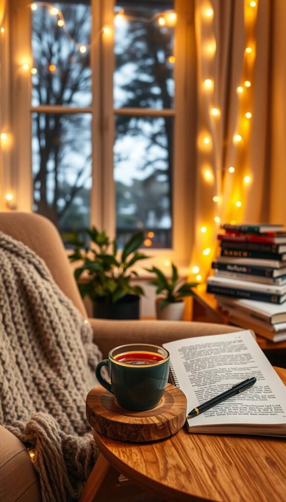 A serene indoor setting featuring a comfortable reading nook, warmly lit by soft, golden fairy lights. In the foreground, a plush armchair adorned with a cozy knitted blanket sits beside a small wooden side table holding a steaming cup of herbal tea and an open journal with a pen. The middle ground reveals a potted plant, adding a touch of greenery, and a stack of books that suggest relaxation and mindfulness. In the background, a softly glowing window shows the silhouettes of trees outside, hinting at a peaceful natural environment. The overall atmosphere is tranquil and inviting, emphasizing warmth and comfort, perfect for a cozy reset ritual. Capture this scene with a focus on warm lighting and a shallow depth of field to enhance the sense of intimacy and relaxation. A serene indoor setting featuring a comfortable reading nook, warmly lit by soft, golden fairy lights. In the foreground, a plush armchair adorned with a cozy knitted blanket sits beside a small wooden side table holding a steaming cup of herbal tea and an open journal with a pen. The middle ground reveals a potted plant, adding a touch of greenery, and a stack of books that suggest relaxation and mindfulness. In the background, a softly glowing window shows the silhouettes of trees outside, hinting at a peaceful natural environment. The overall atmosphere is tranquil and inviting, emphasizing warmth and comfort, perfect for a cozy reset ritual. Capture this scene with a focus on warm lighting and a shallow depth of field to enhance the sense of intimacy and relaxation.