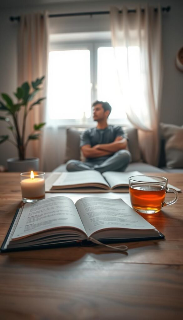 A serene indoor setting for a "monthly reflection ritual," featuring a neatly arranged table with a journal, a cup of herbal tea, and a lit candle. In the foreground, the journal is open to a page filled with neatly written reflections, surrounded by soft, natural lighting that casts a warm glow. In the middle ground, a calm individual in modest casual clothing is seated at the table, thoughtfully contemplating their reflections while gazing out a window framed by soft, flowing curtains. The background includes a plant in a stylish pot and soft ambient decor, creating a peaceful, inviting atmosphere. The mood is introspective and tranquil, perfect for personal growth and mindfulness. The image should be captured with a slightly blurred depth of field to emphasize the foreground elements. A serene indoor setting for a "monthly reflection ritual," featuring a neatly arranged table with a journal, a cup of herbal tea, and a lit candle. In the foreground, the journal is open to a page filled with neatly written reflections, surrounded by soft, natural lighting that casts a warm glow. In the middle ground, a calm individual in modest casual clothing is seated at the table, thoughtfully contemplating their reflections while gazing out a window framed by soft, flowing curtains. The background includes a plant in a stylish pot and soft ambient decor, creating a peaceful, inviting atmosphere. The mood is introspective and tranquil, perfect for personal growth and mindfulness. The image should be captured with a slightly blurred depth of field to emphasize the foreground elements.