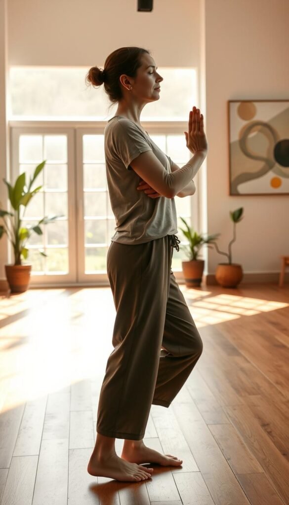 A serene indoor setting showcasing a person practicing gentle movement, embodying the rhythm of breath. In the foreground, a figure dressed in comfortable, modest yoga attire performs a slow, flowing exercise, eyes softly closed, exuding tranquility. The middle ground highlights a softly lit space with large windows allowing gentle morning light to filter in, illuminating wooden floors and indoor plants, enhancing the peaceful atmosphere. The background features calming pastel colors on the walls and abstract art that emphasizes relaxation. Capture the scene from a slightly elevated angle, creating depth and inviting the viewer into a moment of mindfulness. The overall mood is soothing and harmonious, inviting a sense of ease and calm.