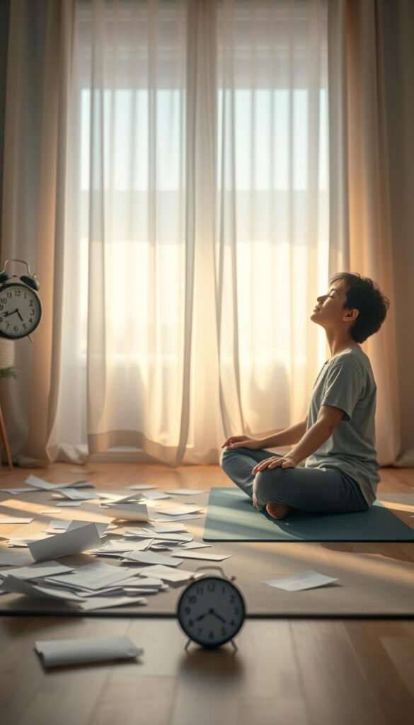 A serene indoor space depicting the essence of stress. In the foreground, a person in modest casual clothing, sitting cross-legged on a yoga mat, with their eyes closed and hands resting on their knees, exuding a sense of calm amidst chaos. In the middle ground, scattered papers and a ticking clock symbolize rushing and pressure, lightly blurred to emphasize the subject's tranquility. The background features a soft, warm light filtering through sheer curtains, creating a hazy, dreamlike atmosphere to evoke emotional calm. The overall color palette consists of cool blues and soft greens, enhancing the peaceful mood, with gentle shadows that add depth. The scene captures the contrast between inner peace and external distractions, emphasizing the journey of release. A serene indoor space depicting the essence of stress. In the foreground, a person in modest casual clothing, sitting cross-legged on a yoga mat, with their eyes closed and hands resting on their knees, exuding a sense of calm amidst chaos. In the middle ground, scattered papers and a ticking clock symbolize rushing and pressure, lightly blurred to emphasize the subject's tranquility. The background features a soft, warm light filtering through sheer curtains, creating a hazy, dreamlike atmosphere to evoke emotional calm. The overall color palette consists of cool blues and soft greens, enhancing the peaceful mood, with gentle shadows that add depth. The scene captures the contrast between inner peace and external distractions, emphasizing the journey of release.
