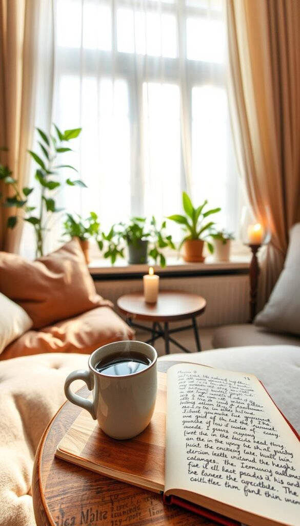 A serene indoor space embodies tranquility, featuring a cozy reading nook with plush cushions and soft, muted colors. In the foreground, a steaming cup of herbal tea rests on a small wooden table, accompanied by an open journal filled with handwritten notes. The middle layer showcases a large window with sheer curtains gently fluttering in a light breeze, allowing sunlight to filter softly into the room. Lush green plants line the windowsill, adding a touch of nature. In the background, a gentle, warm glow emanates from a softly flickering candle, creating a calming atmosphere. Soft-focus with a wide lens captures the soothing ambiance, evoking a sense of peace and comfort essential for heart and home. A serene indoor space embodies tranquility, featuring a cozy reading nook with plush cushions and soft, muted colors. In the foreground, a steaming cup of herbal tea rests on a small wooden table, accompanied by an open journal filled with handwritten notes. The middle layer showcases a large window with sheer curtains gently fluttering in a light breeze, allowing sunlight to filter softly into the room. Lush green plants line the windowsill, adding a touch of nature. In the background, a gentle, warm glow emanates from a softly flickering candle, creating a calming atmosphere. Soft-focus with a wide lens captures the soothing ambiance, evoking a sense of peace and comfort essential for heart and home.