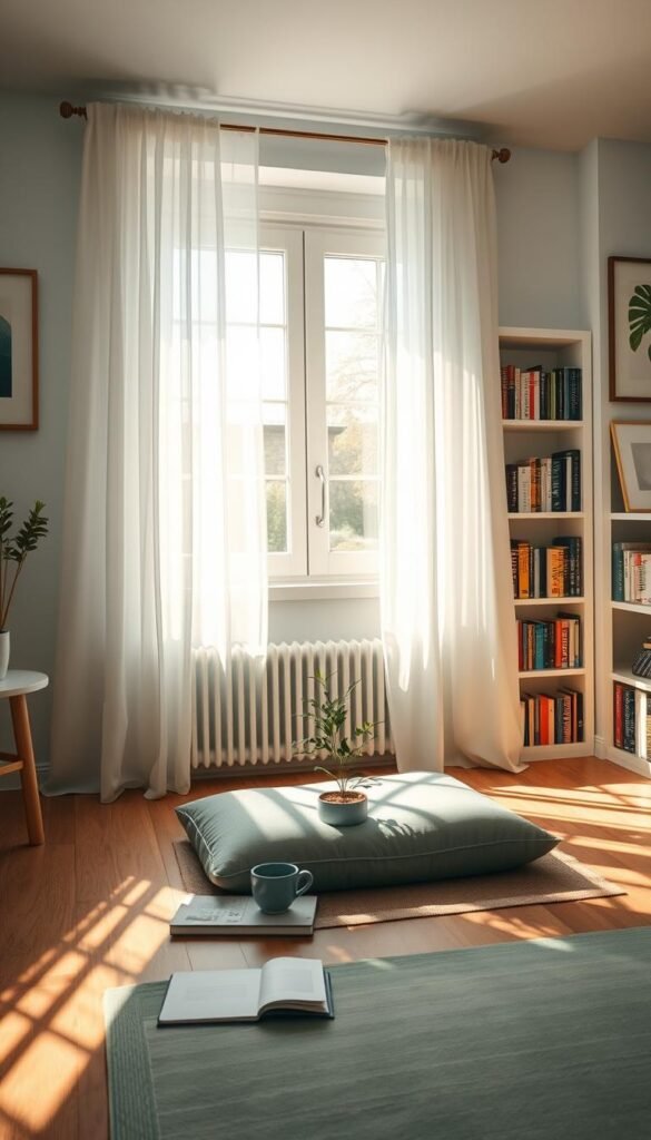 A serene indoor space filled with natural light during the day, featuring soft, calming colors like light blue and green. In the foreground, a cozy meditation corner with a comfortable floor cushion, a small, potted plant, and a set of mindfulness tools such as a journal and a cup of herbal tea. In the middle, a window with sheer curtains gently letting in sunshine, casting soft shadows on a wooden floor. In the background, bookshelves lined with well-organized books and calming artwork on the walls. The atmosphere exudes tranquility and focus, inviting a sense of peace and mindfulness. The lighting is warm and inviting, simulating a late morning glow, perfect for reflection and energy stability. A serene indoor space filled with natural light during the day, featuring soft, calming colors like light blue and green. In the foreground, a cozy meditation corner with a comfortable floor cushion, a small, potted plant, and a set of mindfulness tools such as a journal and a cup of herbal tea. In the middle, a window with sheer curtains gently letting in sunshine, casting soft shadows on a wooden floor. In the background, bookshelves lined with well-organized books and calming artwork on the walls. The atmosphere exudes tranquility and focus, inviting a sense of peace and mindfulness. The lighting is warm and inviting, simulating a late morning glow, perfect for reflection and energy stability.