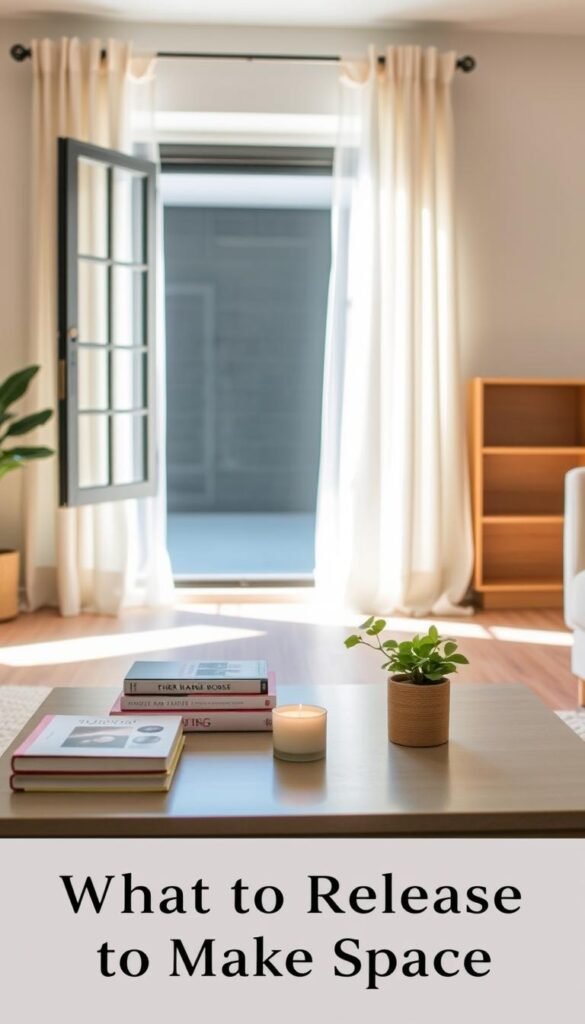 A serene indoor space showcasing the theme of "What to Release to Make Space." In the foreground, a minimalist coffee table with neatly stacked books, a small potted plant, and a gently lit candle, symbolizing clarity and simplicity. The middle features an open window draped with sheer curtains, allowing soft, natural daylight to fill the room, casting gentle shadows. The background shows a tidy living area with a single comfortable chair and an empty bookshelf, indicating the act of letting go of excess. The overall atmosphere is calm and inviting, promoting a sense of peace and intentionality. Use a warm color palette and a soft focus to enhance the mood, emulating a photography style reminiscent of lifestyle magazines.