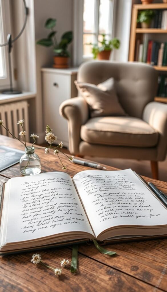 A serene, inviting journal lies open on a rustic wooden table, filled with handwritten notes in elegant ink. Soft, natural light filters through a nearby window, casting gentle shadows that enhance the texture of the journal's pages. In the foreground, delicate flowers in a small vase add a touch of color and warmth. The middle ground features a cozy armchair in muted, calming tones, inviting a sense of comfort and introspection. In the background, hints of potted plants and books on a shelf create a tranquil atmosphere, promoting emotional calm. The composition captures a peaceful moment, evoking the feeling of gentle prompts encouraging self-reflection and mindfulness.
