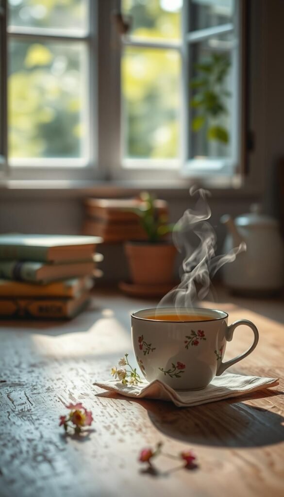 A serene kitchen scene bathed in soft morning light, capturing a warm cup of herbal tea resting on a rustic wooden table. In the foreground, the cup, adorned with delicate floral patterns, exudes steam that dances gently in the air. A small, neatly folded linen napkin lies beside it, and a few flowers in a tiny vase add a touch of color. In the middle ground, an open window lets in gentle sunlight, illuminating a stack of well-worn books and a potted plant, emphasizing the soft spring atmosphere. In the background, blurred greenery is visible outside, contributing to the tranquil ambiance. The overall mood is calming and inviting, perfect for a gentle morning ritual. The composition evokes a sense of warmth and reflection, inviting viewers to imagine a moment of peaceful solitude in their morning routine.