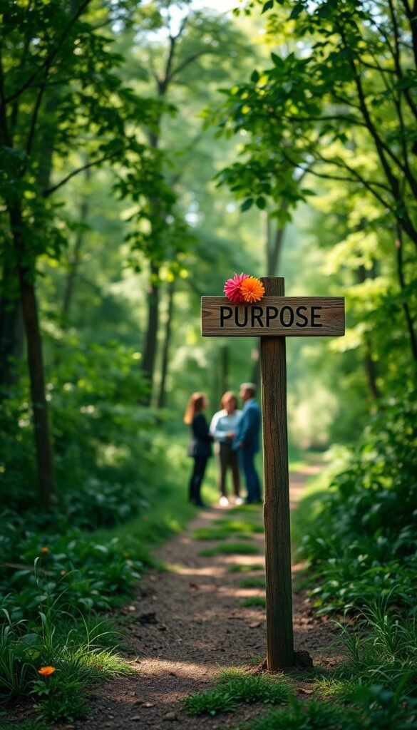 A serene landscape depicting a path leading through a lush green forest, symbolizing the journey of intentional living. In the foreground, a sturdy wooden signpost labeled 'Purpose' stands tall, adorned with vibrant flowers. In the middle ground, a small group of diverse individuals in professional business attire engage in meaningful conversation, giving the impression of collaboration and shared goals. The background features soft, dappled sunlight filtering through the leaves, creating a warm, inviting atmosphere. The overall mood is one of hope and inspiration, encouraging viewers to reflect on their own life paths. Capture the scene with a wide-angle lens to emphasize the depth of the forest and create a sense of tranquility and purpose.