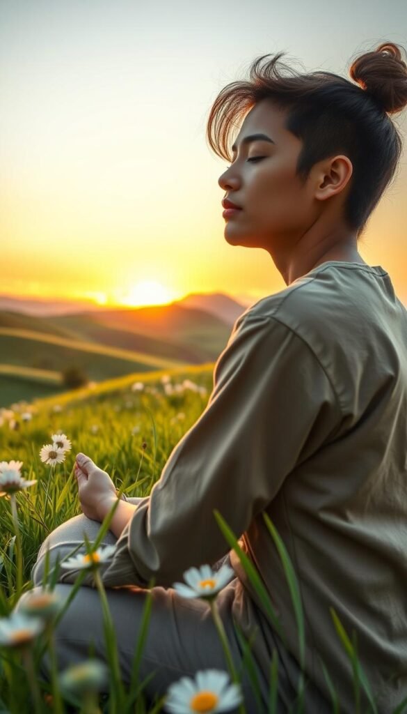 A serene landscape depicting a peaceful outdoor setting. In the foreground, a close-up of a young professional in modest casual clothing, sitting cross-legged on lush green grass, eyes closed in meditation. Their relaxed expression conveys a sense of release from rushing and perfection. In the middle ground, gentle rolling hills and soft, blooming flowers symbolize growth and tranquility. In the background, a soft sunrise casts warm golden light, creating a calming atmosphere. The scene is framed by light, wispy clouds, enhancing the feeling of openness and freedom. The overall mood is soothing and reflective, encouraging a sense of soft productivity and gentle acceptance. The composition is tranquil, encouraging viewers to embrace a slower, more mindful approach to life.