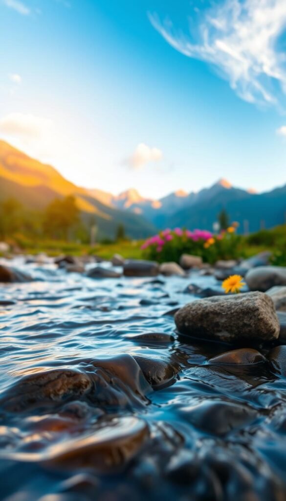 A serene landscape depicting the concept of "release rushing and pressure." In the foreground, a gentle stream flows over smooth stones, symbolizing the release of burdens, with soft ripples reflecting the warm, golden light of a morning sun. The middle ground features lush greenery, where vibrant wildflowers bloom, representing new beginnings. In the background, majestic mountains rise under a clear blue sky, their peaks glowing with the first light of dawn, evoking a sense of calm and freedom. Soft, wispy clouds drift lazily, enhancing the tranquil atmosphere. The overall mood is peaceful and reflective, inviting viewers to contemplate the act of letting go amidst nature's beauty. Use a soft focus lens effect to create a dreamy quality, emphasizing the release of pressure and the journey towards tranquility.