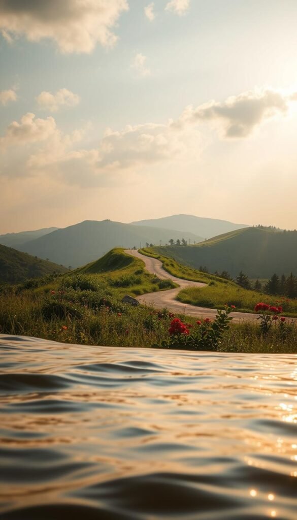A serene landscape depicting the concept of "rhythms" in daily life. In the foreground, gentle waves of water gracefully ripple, illuminated by warm, golden sunlight breaking through soft clouds, creating a tranquil atmosphere. In the middle ground, a winding path meanders through lush greenery, with small, vibrant flowers blooming along the edges, symbolizing the ebb and flow of daily rhythms. In the background, rolling hills blend into a soft blue sky, suggesting harmony and balance. The lighting is soft and diffused, evoking a sense of peace and calm. The composition is framed from a slightly elevated angle, allowing a wide perspective that invites viewers to immerse themselves in this soothing environment, illustrating the beauty of embracing natural rhythms over rigid schedules. A serene landscape depicting the concept of "rhythms" in daily life. In the foreground, gentle waves of water gracefully ripple, illuminated by warm, golden sunlight breaking through soft clouds, creating a tranquil atmosphere. In the middle ground, a winding path meanders through lush greenery, with small, vibrant flowers blooming along the edges, symbolizing the ebb and flow of daily rhythms. In the background, rolling hills blend into a soft blue sky, suggesting harmony and balance. The lighting is soft and diffused, evoking a sense of peace and calm. The composition is framed from a slightly elevated angle, allowing a wide perspective that invites viewers to immerse themselves in this soothing environment, illustrating the beauty of embracing natural rhythms over rigid schedules.