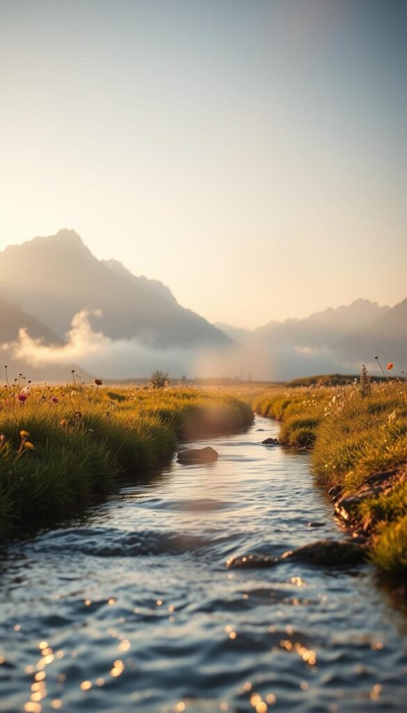 A serene landscape depicting the essence of breath. In the foreground, a gentle stream flows, its surface shimmering with diffused sunlight. Wisps of soft, ethereal mist rise delicately from the water, symbolizing the inhalation and exhalation of breath. The middle ground features a tranquil meadow, dotted with wildflowers that sway rhythmically with a soft breeze. In the background, tall, calming mountains loom under a pastel sky, painted with hues of dawn. The atmosphere is peaceful and meditative, inviting relaxation and contemplation. The lighting is soft and warm, casting gentle shadows, evoking a sense of calm. The angle captures a slight upward perspective, emphasizing the expansiveness of the scene and creating an uplifting mood. A serene landscape depicting the essence of breath. In the foreground, a gentle stream flows, its surface shimmering with diffused sunlight. Wisps of soft, ethereal mist rise delicately from the water, symbolizing the inhalation and exhalation of breath. The middle ground features a tranquil meadow, dotted with wildflowers that sway rhythmically with a soft breeze. In the background, tall, calming mountains loom under a pastel sky, painted with hues of dawn. The atmosphere is peaceful and meditative, inviting relaxation and contemplation. The lighting is soft and warm, casting gentle shadows, evoking a sense of calm. The angle captures a slight upward perspective, emphasizing the expansiveness of the scene and creating an uplifting mood.
