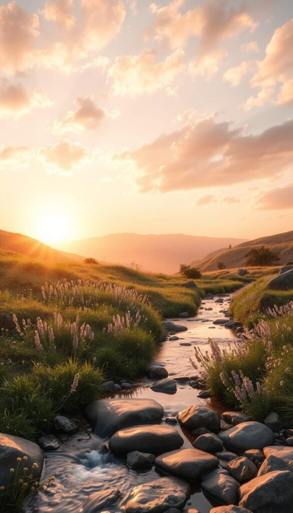 A serene landscape illustrating the concept of "let go of rushing." In the foreground, a gentle stream flows peacefully, symbolizing calmness, surrounded by smooth, rounded stones. Midground features lush greenery and soft, blooming wildflowers in pastel hues, inviting relaxation. In the background, a range of soft, rolling hills under a soft, golden sunset, casting warm light across the scene. The sky is filled with gentle clouds painted in shades of pink and orange, enhancing the tranquil atmosphere. The lighting is soft and diffused, evoking a sense of peace and clarity. The overall mood is one of serenity, inviting viewers to embrace stillness and release the pressures of rushing. The image should be composed in a wide-angle view, capturing the expansive beauty of nature.