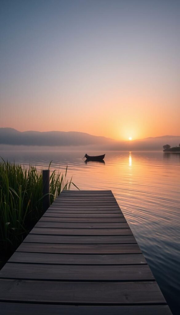 A serene landscape reflecting a quiet place, featuring a tranquil lakeside with gentle ripples on the water's surface. In the foreground, a smooth wooden dock extends into the lake, bordered by lush green reeds. The middle ground showcases a small rowboat, subtly floating, surrounded by delicate reflections. In the background, soft hills are draped in morning mist, kissed by the warm, golden glow of the early sun rising on the horizon. The atmosphere is calm and peaceful, evoking a sense of stillness and reflection. The scene is captured using a wide-angle lens, emphasizing depth and tranquility, with soft, diffused lighting to highlight the soft colors of dawn. A serene landscape reflecting a quiet place, featuring a tranquil lakeside with gentle ripples on the water's surface. In the foreground, a smooth wooden dock extends into the lake, bordered by lush green reeds. The middle ground showcases a small rowboat, subtly floating, surrounded by delicate reflections. In the background, soft hills are draped in morning mist, kissed by the warm, golden glow of the early sun rising on the horizon. The atmosphere is calm and peaceful, evoking a sense of stillness and reflection. The scene is captured using a wide-angle lens, emphasizing depth and tranquility, with soft, diffused lighting to highlight the soft colors of dawn.