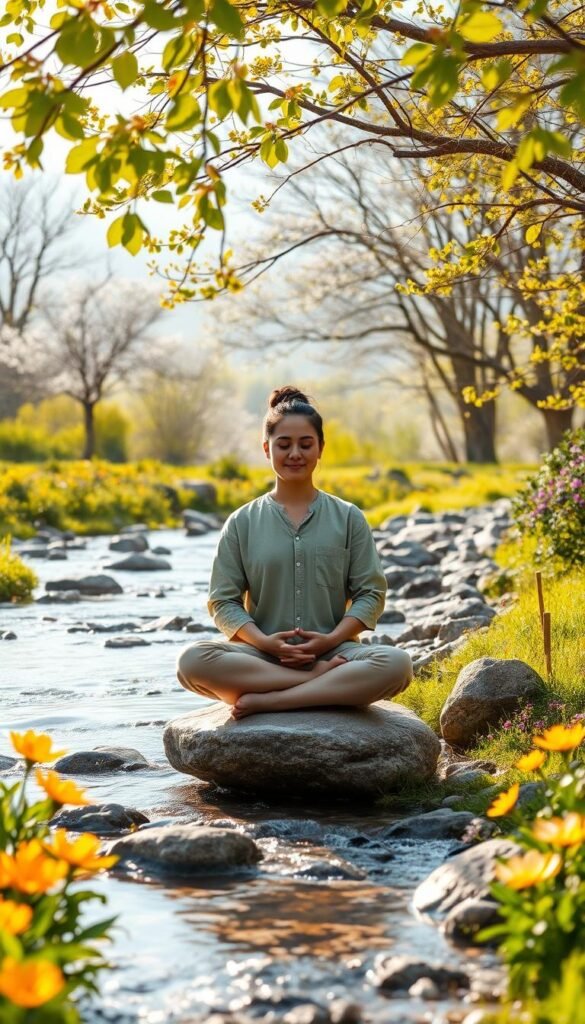 A serene landscape representing emotional renewal, featuring a gently flowing stream surrounded by vibrant spring flowers. In the foreground, a person meditating on a smooth stone, dressed in modest, casual clothing, with a peaceful expression reflecting mindfulness and inner peace. In the middle ground, lush greenery and blossoming trees create a harmonious atmosphere, while soft light filters through the leaves, casting gentle shadows. The background reveals distant mountains shrouded in early morning mist, suggesting tranquility and hope. The image embodies a calming mood, inviting viewers to connect with the concept of renewal, heartfulness, and the rejuvenating essence of nature, using soft, natural colors to enhance the feeling of serenity. A serene landscape representing emotional renewal, featuring a gently flowing stream surrounded by vibrant spring flowers. In the foreground, a person meditating on a smooth stone, dressed in modest, casual clothing, with a peaceful expression reflecting mindfulness and inner peace. In the middle ground, lush greenery and blossoming trees create a harmonious atmosphere, while soft light filters through the leaves, casting gentle shadows. The background reveals distant mountains shrouded in early morning mist, suggesting tranquility and hope. The image embodies a calming mood, inviting viewers to connect with the concept of renewal, heartfulness, and the rejuvenating essence of nature, using soft, natural colors to enhance the feeling of serenity.