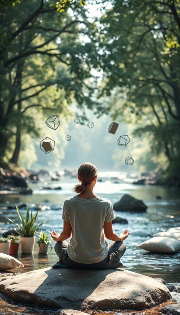 A serene landscape representing the concept of simplifying life, focusing on tranquility and release. In the foreground, a calm person in modest casual clothing is meditating on a smooth stone by a gently flowing river, surrounded by a minimalist arrangement of potted plants and soft pillows. In the middle ground, a collection of floating geometric shapes, symbolizing burdens being released, softly drift away into the distance. The background features a tranquil forest with dappled sunlight filtering through the leaves, creating a warm, inviting atmosphere. The overall mood is peaceful, with soft, natural lighting enhancing the sense of calm. The angle captures the person in profile, against the flowing river, emphasizing the theme of breathing and letting go. A serene landscape representing the concept of simplifying life, focusing on tranquility and release. In the foreground, a calm person in modest casual clothing is meditating on a smooth stone by a gently flowing river, surrounded by a minimalist arrangement of potted plants and soft pillows. In the middle ground, a collection of floating geometric shapes, symbolizing burdens being released, softly drift away into the distance. The background features a tranquil forest with dappled sunlight filtering through the leaves, creating a warm, inviting atmosphere. The overall mood is peaceful, with soft, natural lighting enhancing the sense of calm. The angle captures the person in profile, against the flowing river, emphasizing the theme of breathing and letting go.