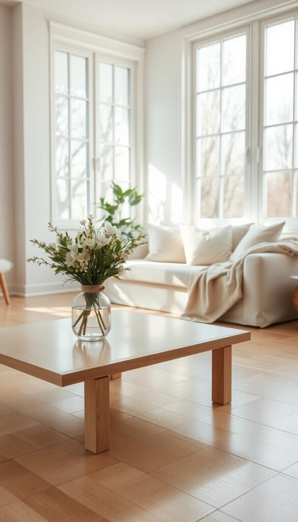 A serene, light-filled living space designed for minimalism, featuring soft, neutral tones like whites, creams, and light woods. In the foreground, a simple, stylish coffee table holds a delicate vase with fresh spring flowers. The middle ground showcases a clean, uncluttered sofa adorned with muted cushions and a lightweight throw blanket. Large windows in the background allow natural sunlight to pour in, casting gentle shadows across the polished wooden floor. A potted plant sits in one corner, adding a touch of greenery. The atmosphere is calm and inviting, evoking a sense of gentle reflection and tranquility, perfect for a spring reset. The image should capture this environment in soft, diffused lighting, using a wide-angle lens to encompass the entire space.