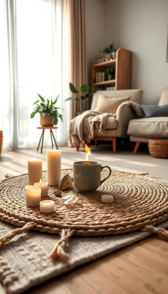 A serene living room setup designed for a calm-at-home ritual. In the foreground, a cozy woven mat featuring soft, natural fibers, on which lies a delicate arrangement of candles, crystals, and a steaming cup of herbal tea, radiating warm light. In the middle ground, a comfortable armchair draped with a knitted throw, with a small bookshelf filled with plants, books, and calming decor. The background features a large window with sheer curtains, allowing soft, diffused daylight to filter in, casting gentle shadows. The atmosphere feels tranquil and inviting, promoting relaxation and mindfulness, ideal for a gentle, intentional flow. The scene captures a sense of peace and balance, perfect for engaging in personal rituals. A serene living room setup designed for a calm-at-home ritual. In the foreground, a cozy woven mat featuring soft, natural fibers, on which lies a delicate arrangement of candles, crystals, and a steaming cup of herbal tea, radiating warm light. In the middle ground, a comfortable armchair draped with a knitted throw, with a small bookshelf filled with plants, books, and calming decor. The background features a large window with sheer curtains, allowing soft, diffused daylight to filter in, casting gentle shadows. The atmosphere feels tranquil and inviting, promoting relaxation and mindfulness, ideal for a gentle, intentional flow. The scene captures a sense of peace and balance, perfect for engaging in personal rituals.