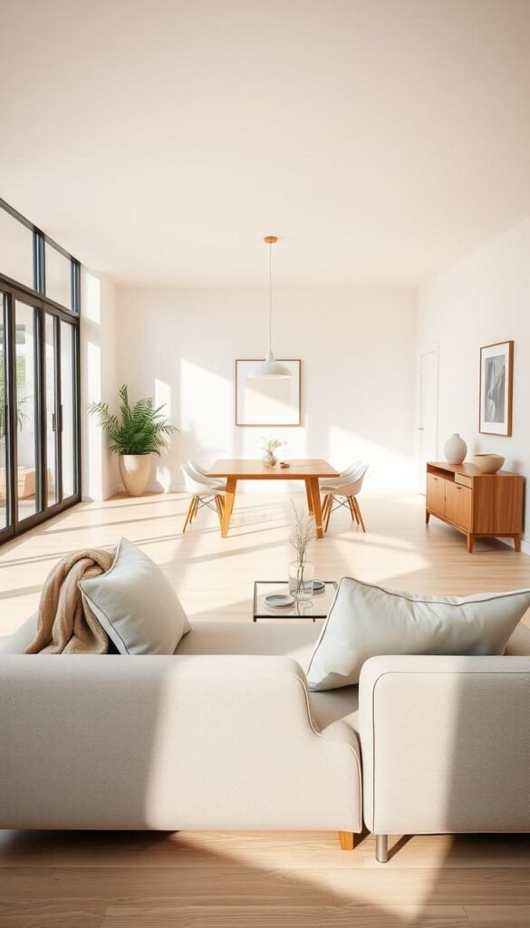 A serene living space that embodies light minimalism, featuring a spacious, sunlit room with large windows allowing natural light to flood in. In the foreground, a simple, elegant sofa with neutral-colored cushions and a soft throw lies on a light wooden floor. A small, sleek coffee table made of glass and wood holds a delicate vase with fresh spring flowers. In the middle, an airy dining area with a minimalist wooden table and modern chairs invites a sense of calmness. The background showcases a subtle, muted color palette on the walls, adorned with minimalistic artwork, creating an atmosphere of tranquility and renewal. Soft, diffused lighting casts gentle shadows, enhancing the peaceful ambiance, captured through a wide-angle lens to emphasize spaciousness and harmony.