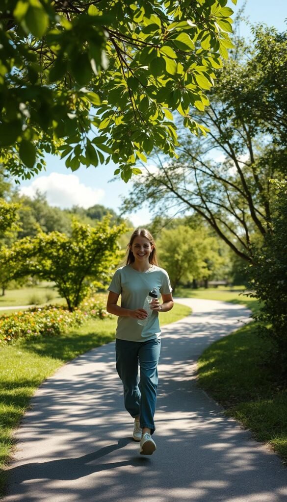A serene mid-day walk scene in a lush park, capturing an individual in modest casual clothing, strolling along a winding path lined with leafy trees and blooming flowers. In the foreground, sunlight dapples through the leaves, casting gentle shadows on the ground, creating a warm and inviting atmosphere. In the middle ground, the person is smiling and holding a reusable water bottle, embodying a sense of relaxation and rejuvenation. In the background, soft blue skies complement the greenery, with a few fluffy clouds lazily drifting by. The lighting is bright yet soft, imbuing the scene with a calming glow. The overall mood is peaceful and restorative, perfect for illustrating a self-care ritual.