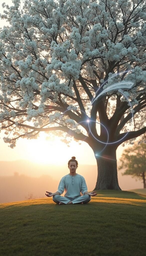 A serene mindscaped representation, featuring a calm figure meditating under a large, blossom-laden tree. In the foreground, the figure sits cross-legged on a soft grassy knoll, dressed in modest, comfortable clothing that reflects tranquility. The middle layer showcases delicate, swirling patterns of light, symbolizing thoughts and gentle emotions, intertwining with soft pastel colors of blue, purple, and green. In the background, a gentle sunrise casts warm golden rays, illuminating the scene and creating a peaceful ambiance. The image should evoke feelings of calmness, clarity, and emotional balance, with soft, diffused light enhancing the tranquil atmosphere. The angle should be slightly elevated, capturing the full beauty of the surroundings while focusing on the meditative figure. A serene mindscaped representation, featuring a calm figure meditating under a large, blossom-laden tree. In the foreground, the figure sits cross-legged on a soft grassy knoll, dressed in modest, comfortable clothing that reflects tranquility. The middle layer showcases delicate, swirling patterns of light, symbolizing thoughts and gentle emotions, intertwining with soft pastel colors of blue, purple, and green. In the background, a gentle sunrise casts warm golden rays, illuminating the scene and creating a peaceful ambiance. The image should evoke feelings of calmness, clarity, and emotional balance, with soft, diffused light enhancing the tranquil atmosphere. The angle should be slightly elevated, capturing the full beauty of the surroundings while focusing on the meditative figure.